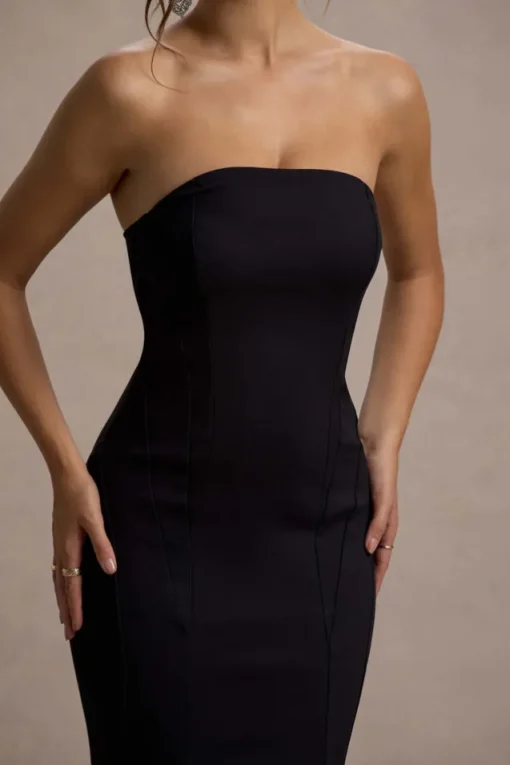 Adored | Black Strapless Structured Fishtail Maxi Dress