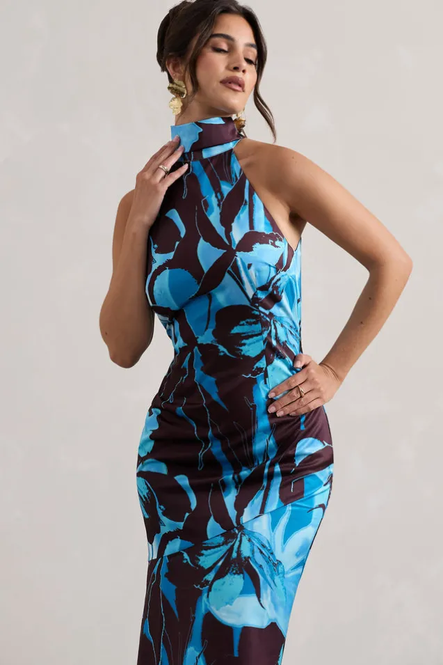 Adoria | Floral Print Satin High-Neck Maxi Dress