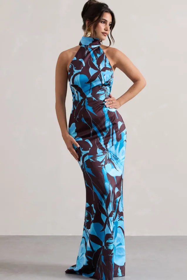Adoria | Floral Print Satin High-Neck Maxi Dress