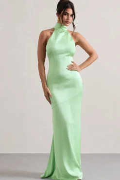 Adoria | Light Green Satin High-Neck Maxi Dress