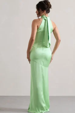 Adoria | Light Green Satin High-Neck Maxi Dress
