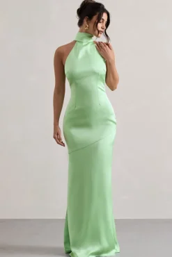 Adoria | Light Green Satin High-Neck Maxi Dress
