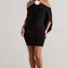 Adriana | Black Ruched Halter-Neck Draped Mini Dress With Corsage