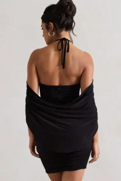 Adriana | Black Ruched Halter-Neck Draped Mini Dress With Corsage