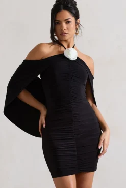 Adriana | Black Ruched Halter-Neck Draped Mini Dress With Corsage