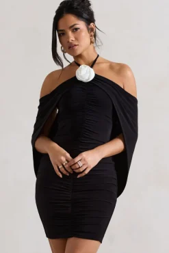 Adriana | Black Ruched Halter-Neck Draped Mini Dress With Corsage