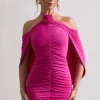 Adriana | Dark Pink Ruched Halter-Neck Draped Mini Dress With Corsage