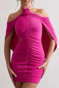 Adriana | Dark Pink Ruched Halter-Neck Draped Mini Dress With Corsage