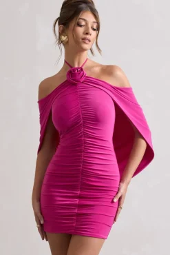 Adriana | Dark Pink Ruched Halter-Neck Draped Mini Dress With Corsage