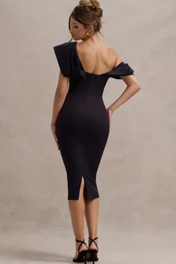 Adrina | Navy Draped One Shoulder Midi Dress