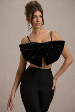 Adya | Black Velvet Strappy Bow Crop Top