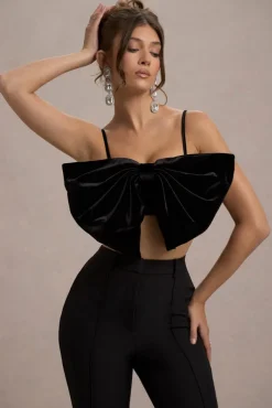 Adya | Black Velvet Strappy Bow Crop Top
