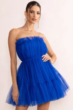 Aella | Cobalt Blue Bandeau Volume Pleated Tulle Mini Dress