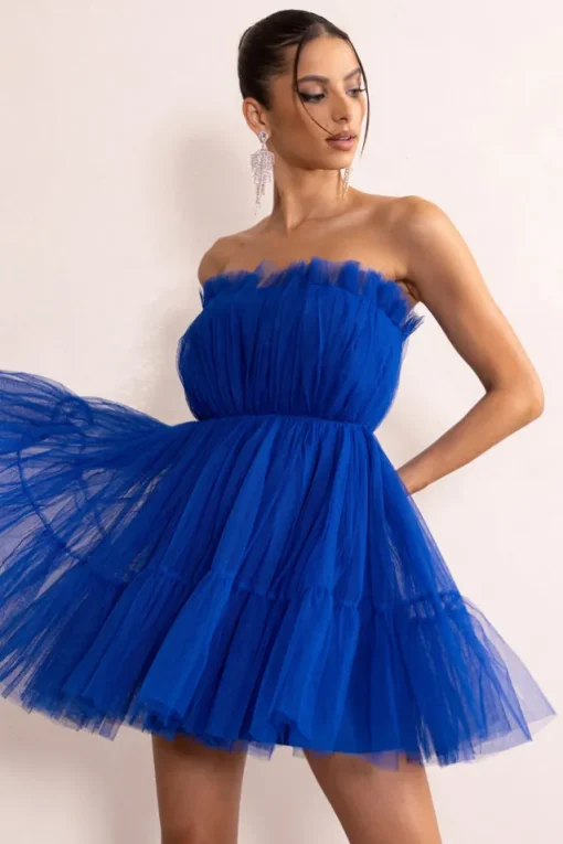Aella | Cobalt Blue Bandeau Volume Pleated Tulle Mini Dress