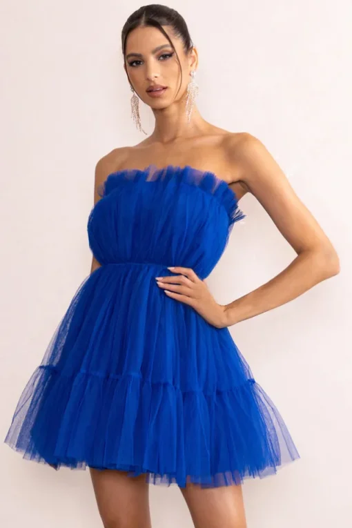Aella | Cobalt Blue Bandeau Volume Pleated Tulle Mini Dress