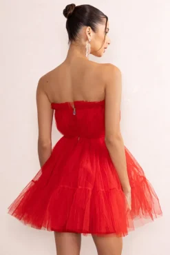 Aella | Red Bandeau Volume Pleated Tulle Mini Dress