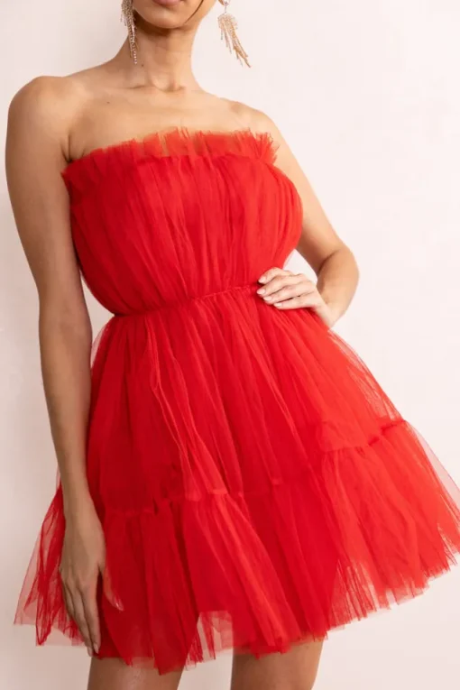 Aella | Red Bandeau Volume Pleated Tulle Mini Dress