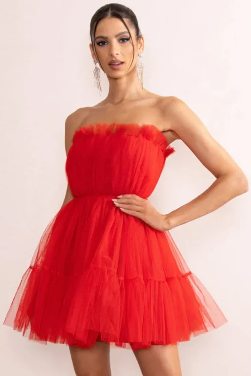 Aella | Red Bandeau Volume Pleated Tulle Mini Dress