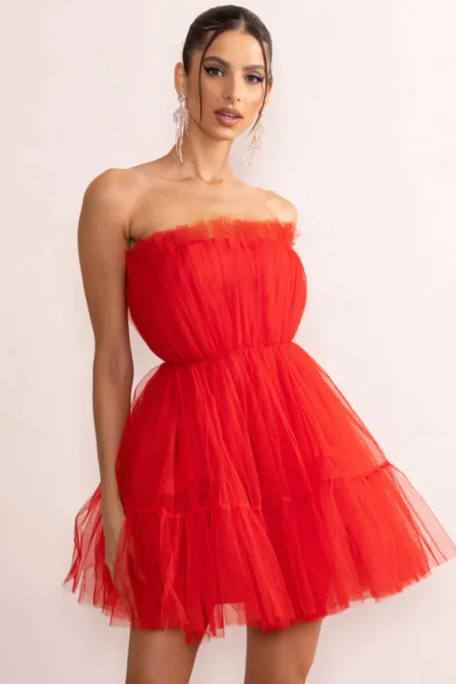Aella | Red Bandeau Volume Pleated Tulle Mini Dress