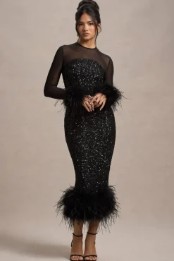 Afterglow | Black Sequin Long-Sleeve Midi Dress With Feather Trims