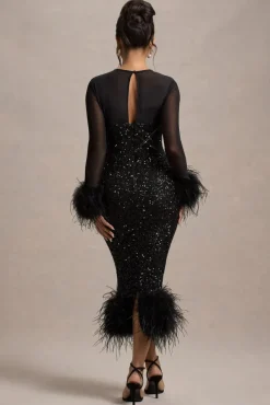Afterglow | Black Sequin Long-Sleeve Midi Dress With Feather Trims