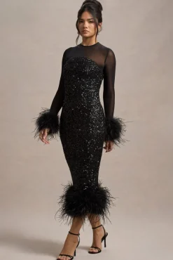 Afterglow | Black Sequin Long-Sleeve Midi Dress With Feather Trims