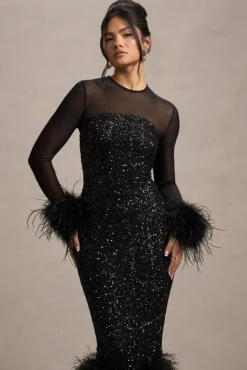 Afterglow | Black Sequin Long-Sleeve Midi Dress With Feather Trims