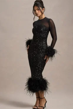 Afterglow | Black Sequin Long-Sleeve Midi Dress With Feather Trims