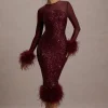 Afterglow | Port Sequin Long-Sleeve Midi Dress With Feather Trims