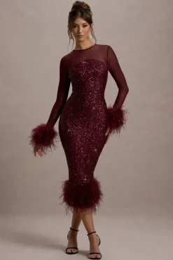 Afterglow | Port Sequin Long-Sleeve Midi Dress With Feather Trims