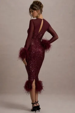 Afterglow | Port Sequin Long-Sleeve Midi Dress With Feather Trims