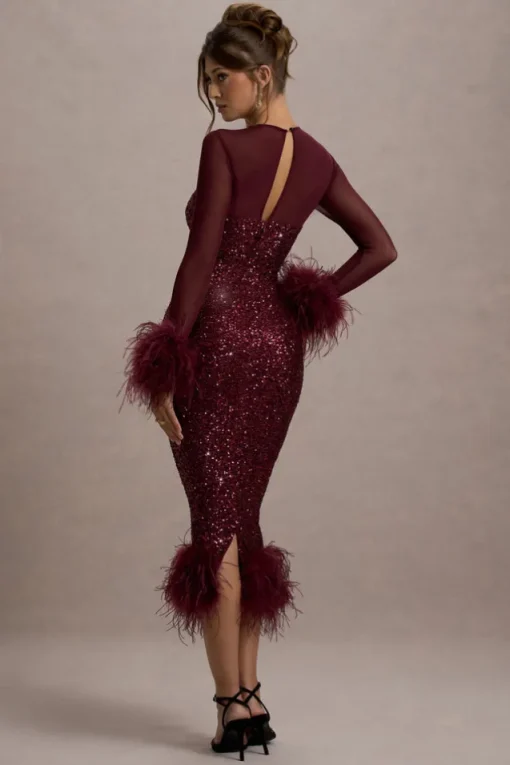 Afterglow | Port Sequin Long-Sleeve Midi Dress With Feather Trims
