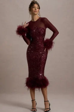 Afterglow | Port Sequin Long-Sleeve Midi Dress With Feather Trims