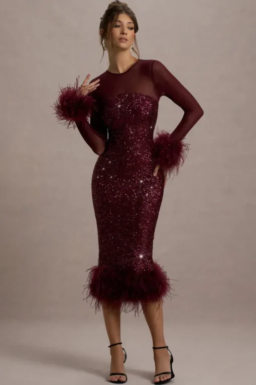 Afterglow | Port Sequin Long-Sleeve Midi Dress With Feather Trims