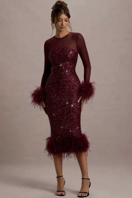 Afterglow | Port Sequin Long-Sleeve Midi Dress With Feather Trims