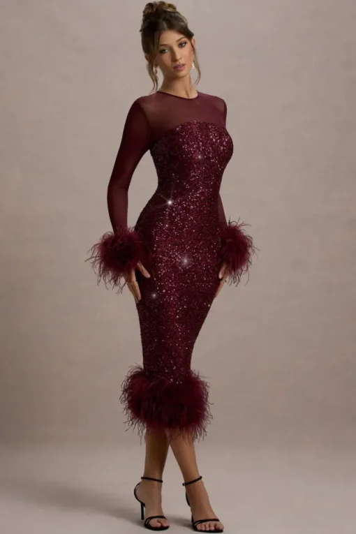 Afterglow | Port Sequin Long-Sleeve Midi Dress With Feather Trims