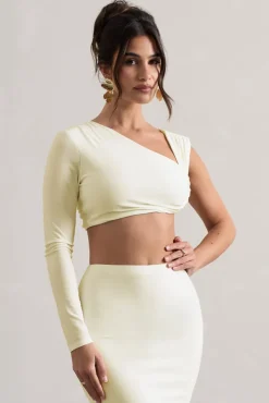 Agalia | Cream Ruched Asymmetric One-Sleeve Crop Top