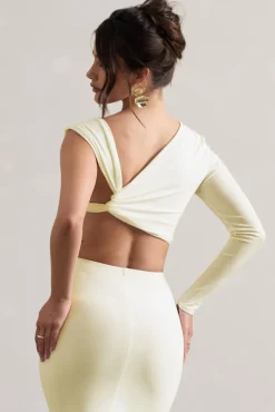 Agalia | Cream Ruched Asymmetric One-Sleeve Crop Top