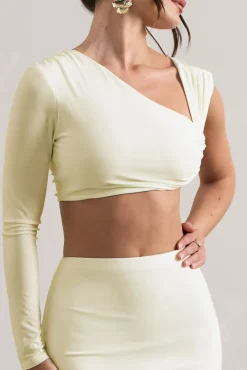 Agalia | Cream Ruched Asymmetric One-Sleeve Crop Top