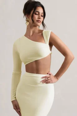 Agalia | Cream Ruched Asymmetric One-Sleeve Crop Top