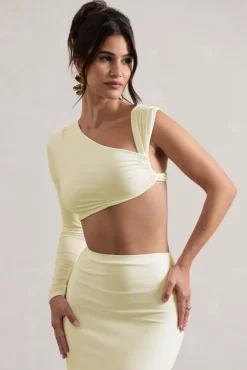 Agalia | Cream Ruched Asymmetric One-Sleeve Crop Top