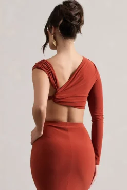 Agalia | Terracotta Ruched Asymmetric One-Sleeve Crop Top