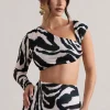 Agalia | Zebra Print Ruched Asymmetric One-Sleeve Crop Top