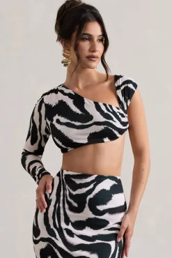 Agalia | Zebra Print Ruched Asymmetric One-Sleeve Crop Top