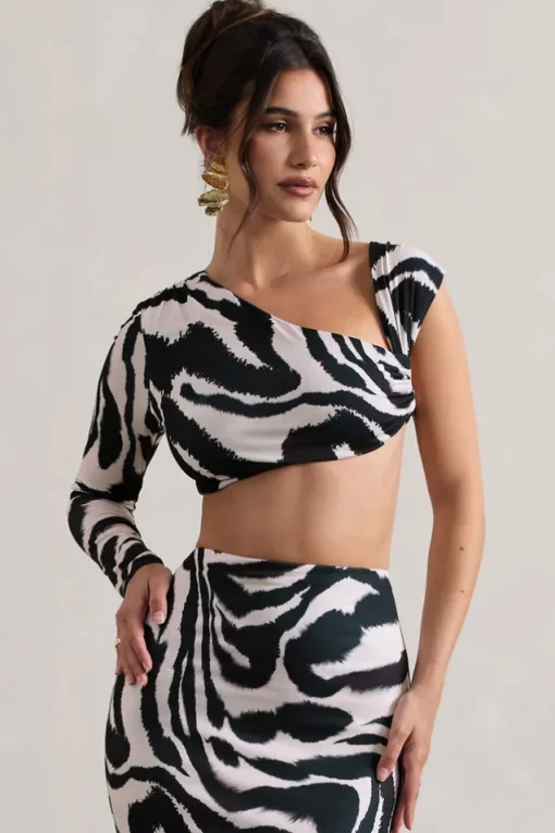 Agalia | Zebra Print Ruched Asymmetric One-Sleeve Crop Top