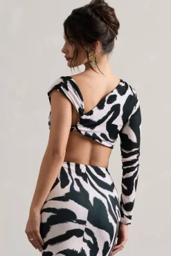 Agalia | Zebra Print Ruched Asymmetric One-Sleeve Crop Top
