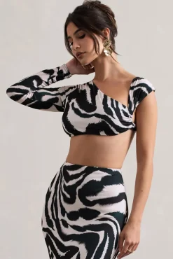 Agalia | Zebra Print Ruched Asymmetric One-Sleeve Crop Top