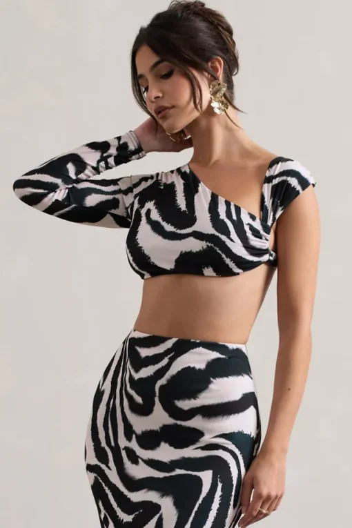 Agalia | Zebra Print Ruched Asymmetric One-Sleeve Crop Top