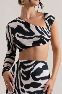 Agalia | Zebra Print Ruched Asymmetric One-Sleeve Crop Top