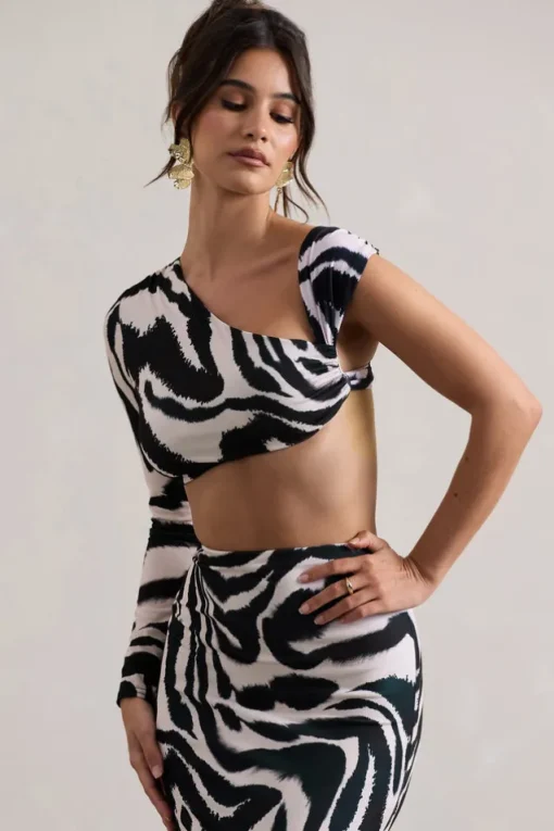 Agalia | Zebra Print Ruched Asymmetric One-Sleeve Crop Top